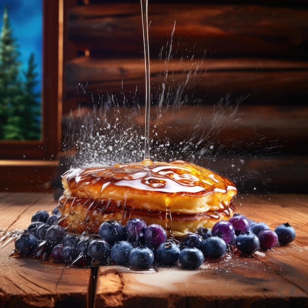 Blueberry pancake immersed in maple syrup with splashes and waves
