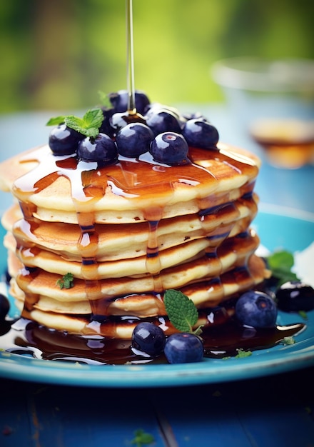 blueberry pancakes with honey syrup