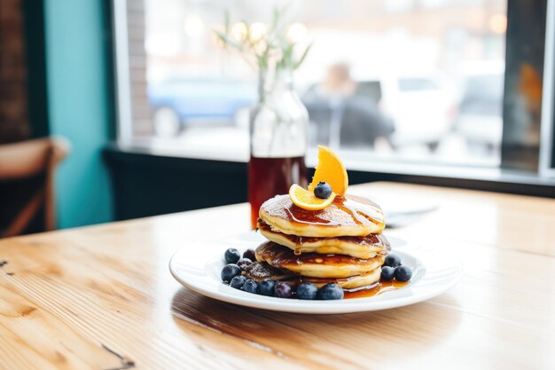 Photo blueberry pancakes with a side of maple syrup