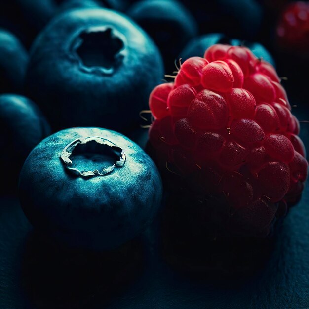 Blueberry and rasberry fruit on dark background