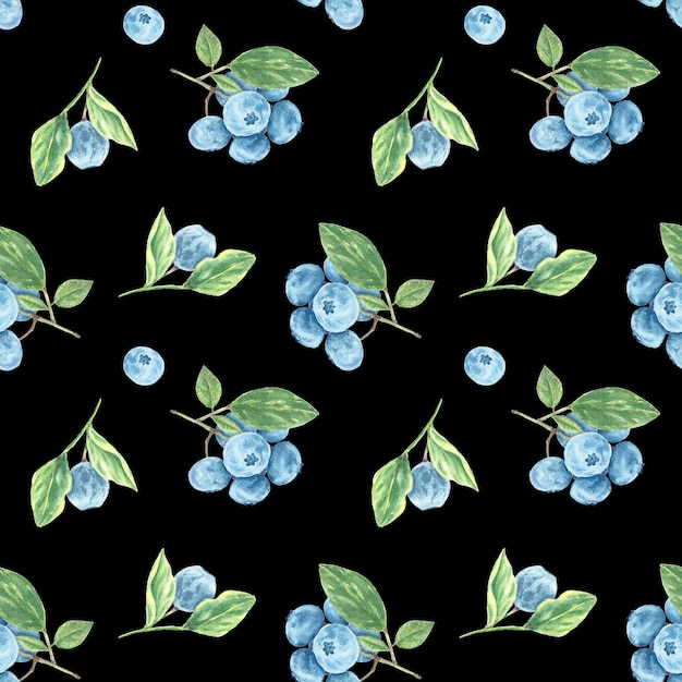 Blueberry seamless pattern. Watercolor black background with branches, leaves wedding, scrapbooking