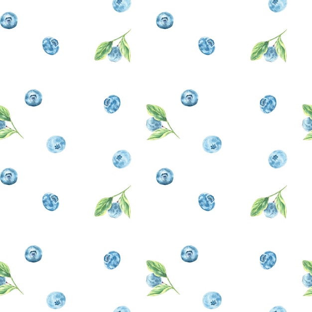 Blueberry seamless pattern. Watercolor white background with branches, leaves wedding, scrapbooking
