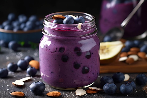 Blueberry smoothie in een glazen pot met amandelen en bosbessen op een donkere achtergrond