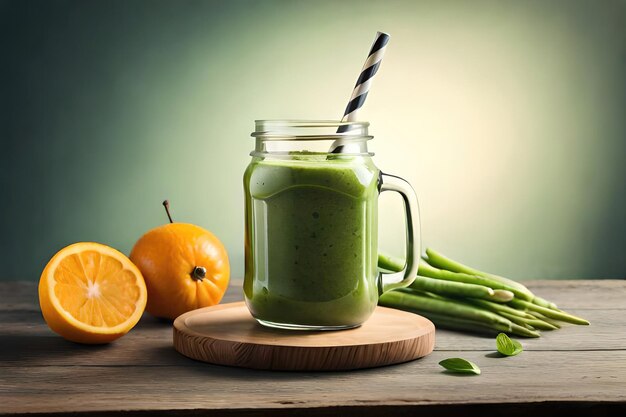 Blueberry smoothie with banana and oat flakes in jar on rustic wooden background