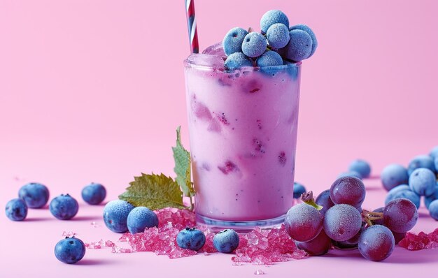 blueberry smoothie with blueberries and basil leaves on wooden table