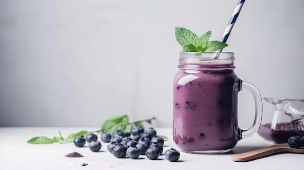 A blueberry smoothie with a straw next to it