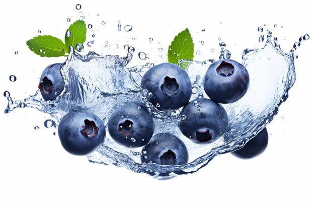 Photo blueberry splashiing in the water white background