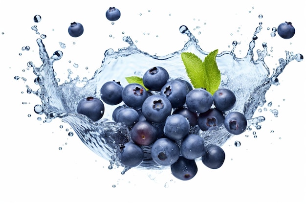 Photo blueberry splashiing in the water white background