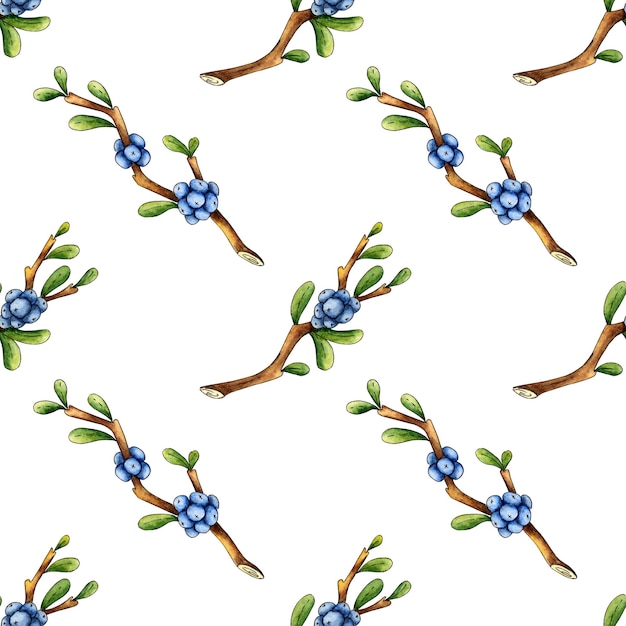 Blueberry sprig pattern with berry watercolor