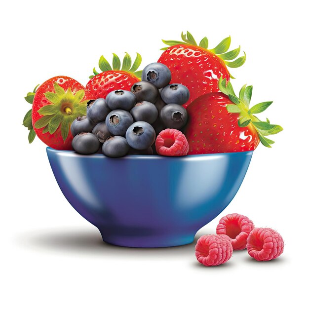 Blueberry strawberry and raspberry in a blue bowl on a white background