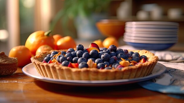 A blueberry tart sitting on a table with fruit