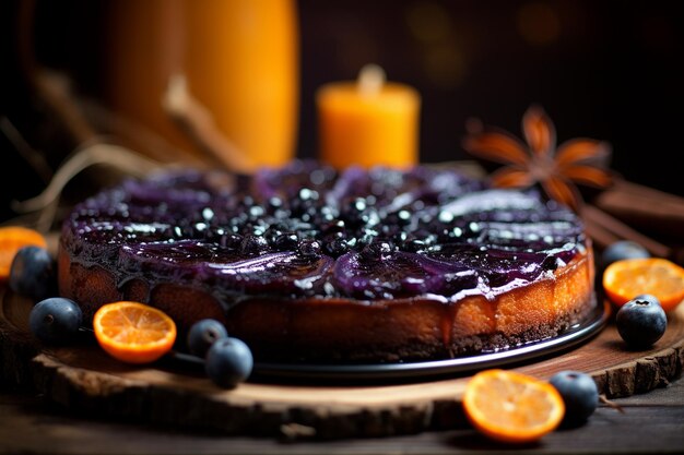 Photo blueberry upside down cake with caramelized fruit