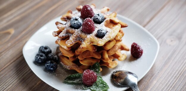 Blueberry waffles with raspberries and sugar powder for breakfast