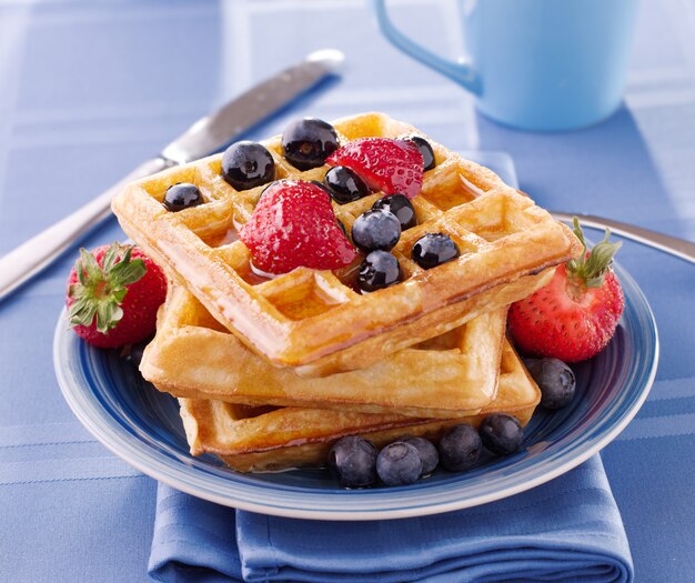 Blueberry waffles with strawberries