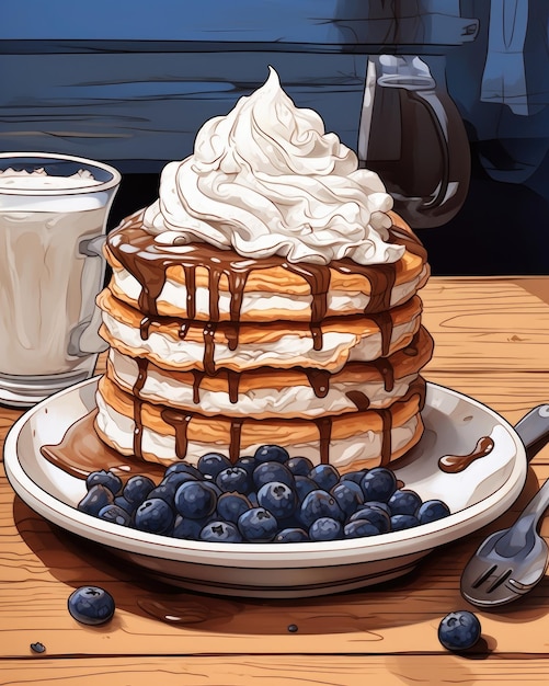 Blueberry and whipped creamcovered stack of pancakes Generative AI