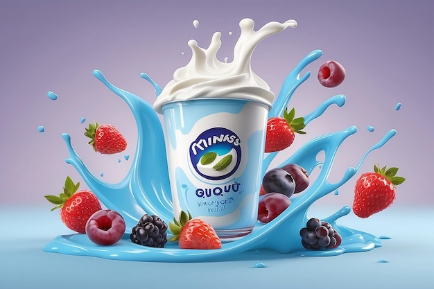 Blueberry yogurt ads delicious yogurt commercial with milk and fruit jam splashing together in 3d illustration