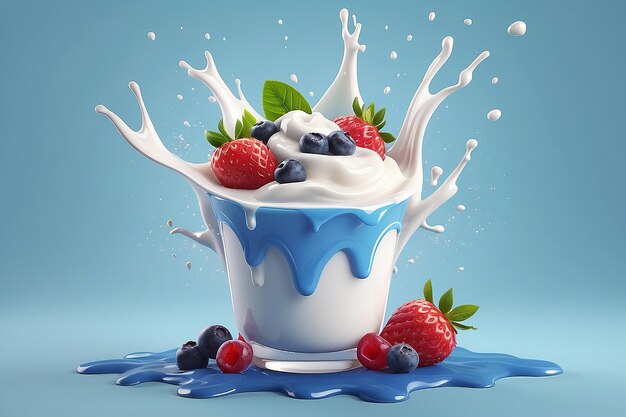 Foto blueberry yogurt pubblicizza un delizioso spot di yogurt con latte e marmellata di frutta spruzzati insieme in illustrazione 3d