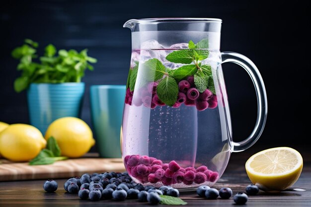 Blueberryinfused water in a glass pitcher with slices of lemon and mint leaves