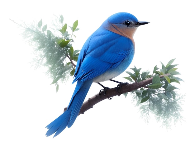 A bluebird sits on a branch with a tree white background ai genarative