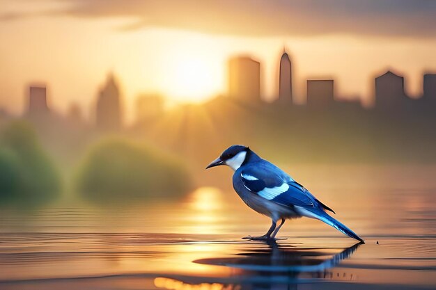 A bluebird sits on a lake in front of a city skyline