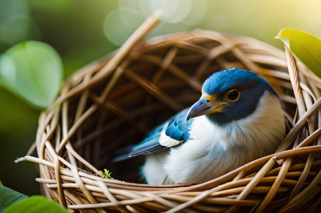 A bluebird sits in a nest