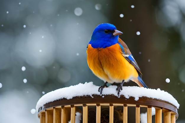 ブルーバードが雪に覆われた鳥の餌箱に座っています。