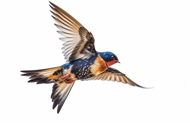 A bluebird with white wings is flying in front of a white background