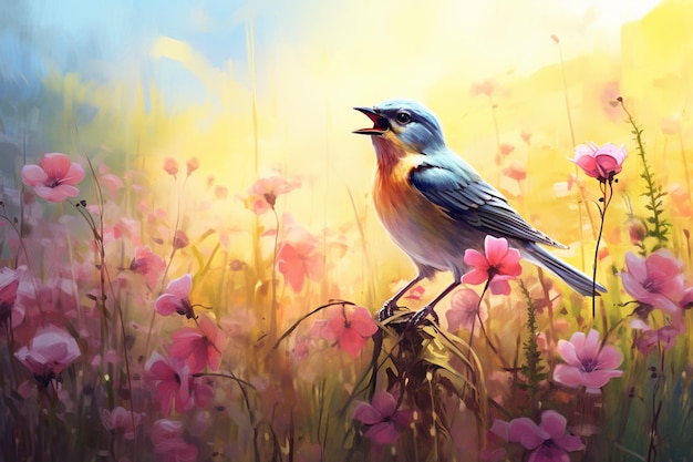 a bluebird with a yellow breast in a field of pink flowers