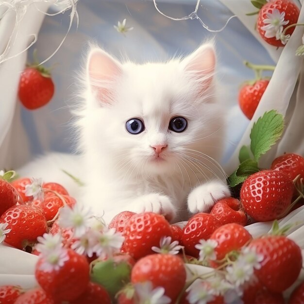 Photo a blueeyed kitten plays with a rose on a table