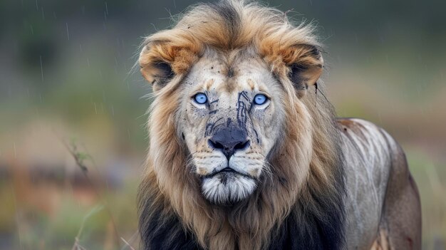 Blueeyed lion staring into the camera