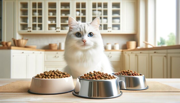 Blueeyed white cat with food bowls in sunny kitchen