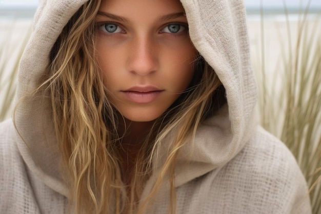 Photo a blueeyed woman by the sea