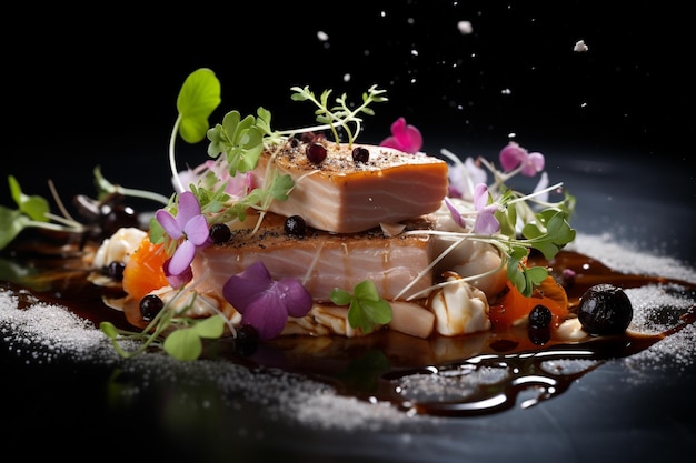 Photo bluefin steak tuna with herbs served beautifully on a black plate generative ai