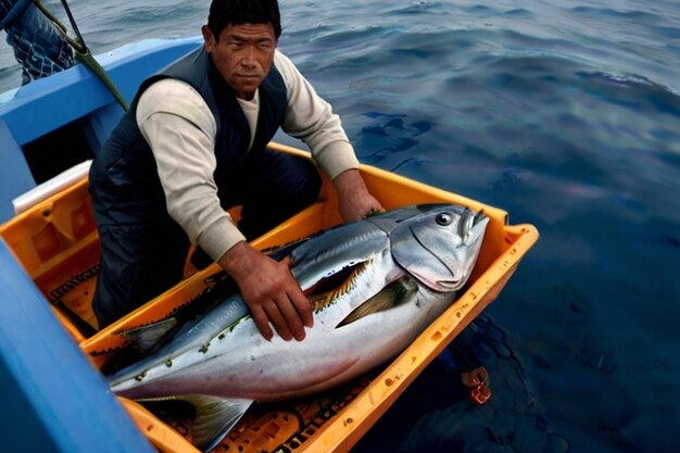 Foto pescatori di tonno rosso in mare che raccolgono una grande pesca di tonno