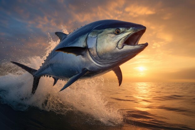 Голубой тунец выпрыгивает и летит над водой
