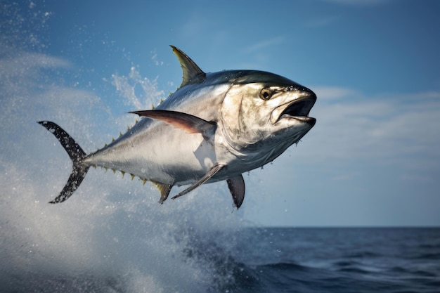 Bluefin tuna jumps out and flies overwater