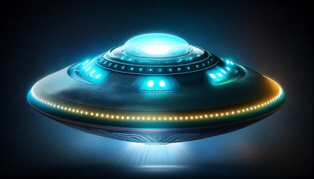 Bluelit UFO spaceship with the illuminated portal in a futuristic illustration