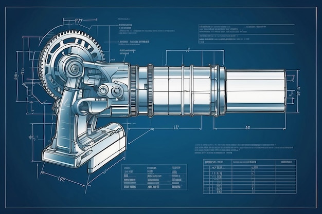 Photo blueprint of cutter assembly tool with replaceable multifaceted plate on blue background