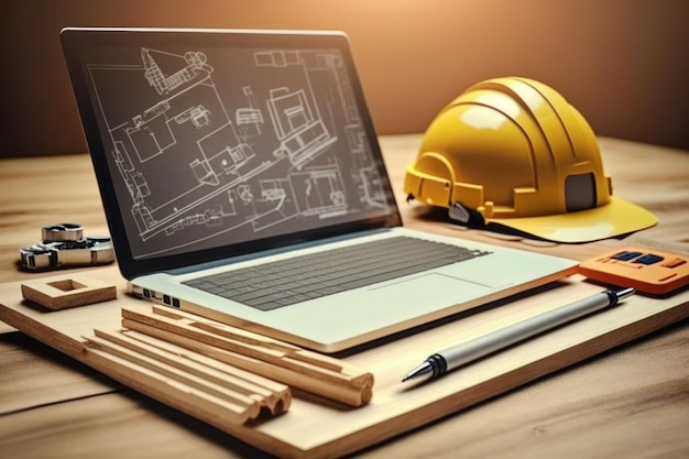 Чертеж на экране ноутбука используется в качестве шаблона в плотницком и строительном проекте, генеративном искусственном интеллекте