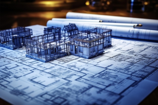 青写真の整理 テーブルに整然と置かれたロール状の建築計画 クリエイティブな作業環境