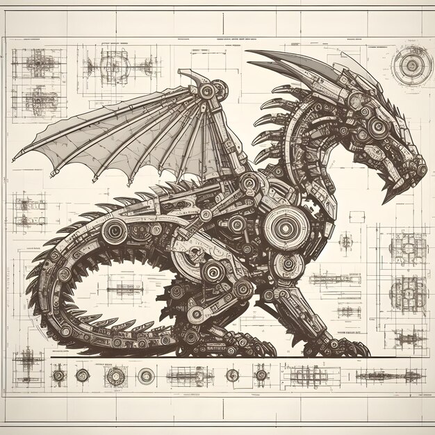 Blueprint paper a mechanical dragon