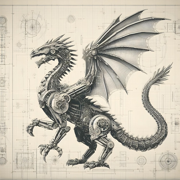 Blueprint paper a mechanical dragon