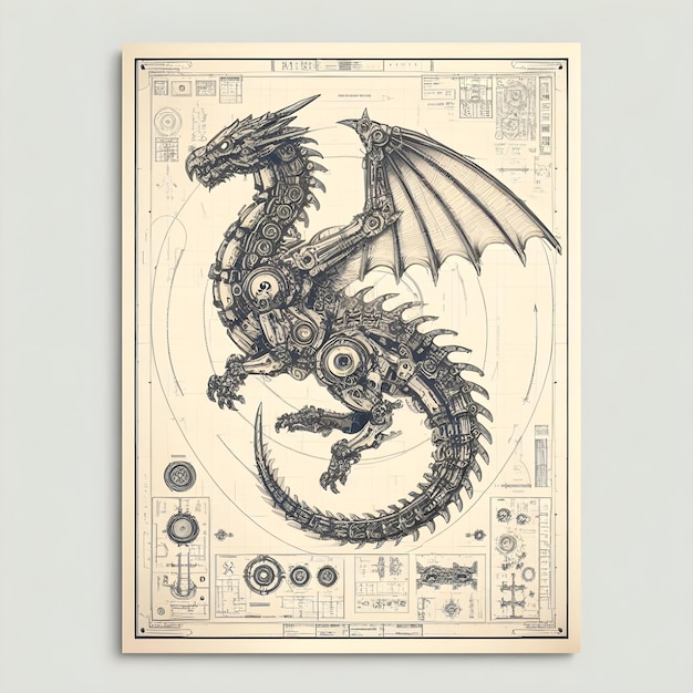 Blueprint paper a mechanical dragon