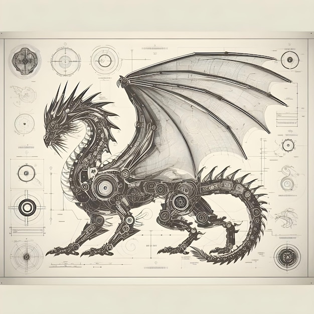 Photo blueprint paper a mechanical dragon