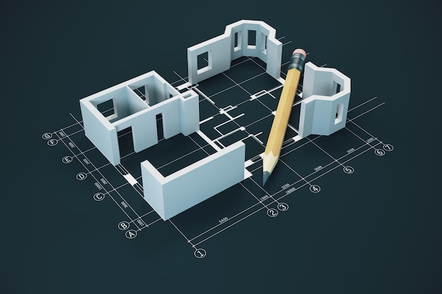 Blueprint pencil and house model on table