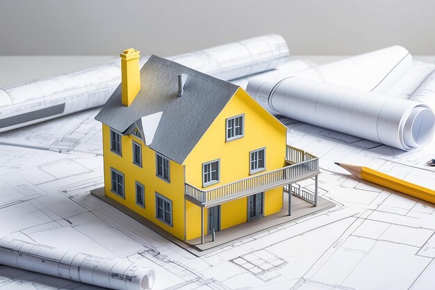 Photo blueprint plans and yellow house model with scale ruler and pencil architect concept