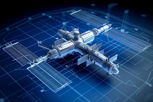 A blueprint of a space station with a space ship on it.