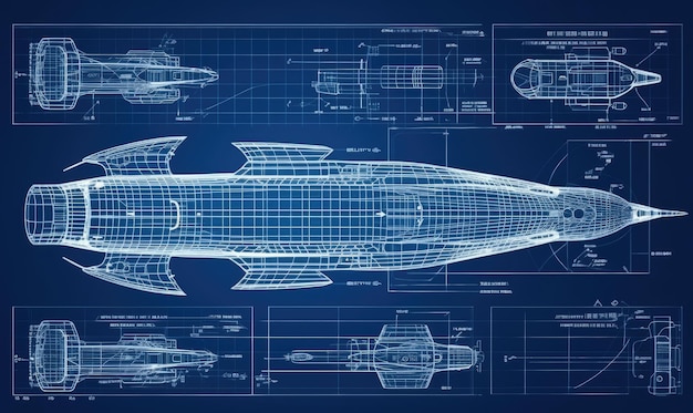 The blueprint of the space vessel displays the arrangement of its thrusters and maneuvering mechanisms Creating using generative AI tools