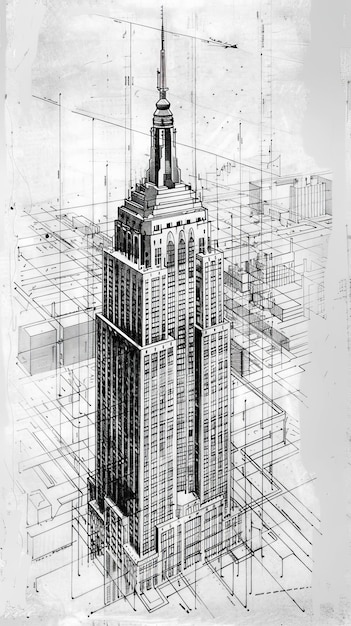 Photo blueprint of tall building with spire