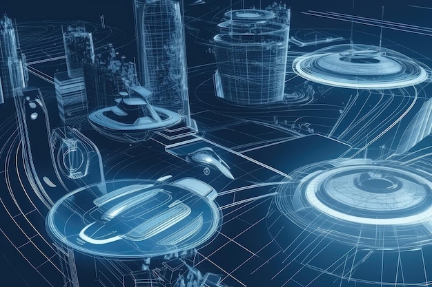 Blueprints for futuristic city with flying cars and advanced technology created with generative ai